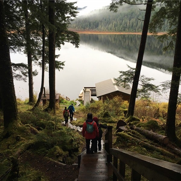 AK-tongass_rebecca-bowe-800 Eartthjustice staff walk down a rain-soaked, wooden staircase built into a verdant slope. The staircase leads to a building on the edge of a water body that's shrouded in fog.