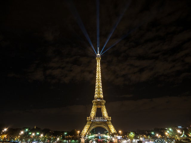 Climate Sign on Eiffel Tower On the closing days of the Paris climate talks, an auspicious sign is illuminated on the Eiffel Tower.