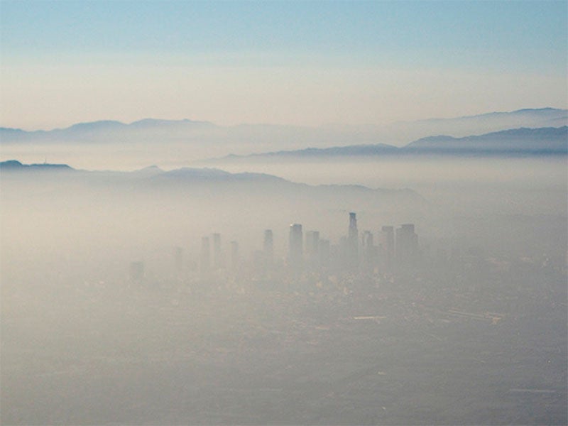 Smog covers the city of Los Angeles, CA.