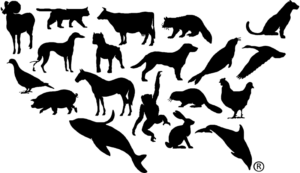 Logo for the Humane Society, with the silhouettes of many different animal species arranged in the shape of the continental United States.